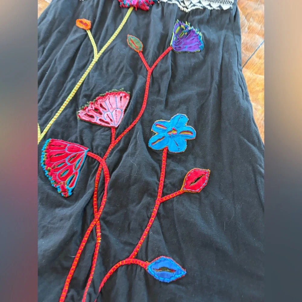 Boho Floral Embroidered Black Dress - Picture 3 of 6
